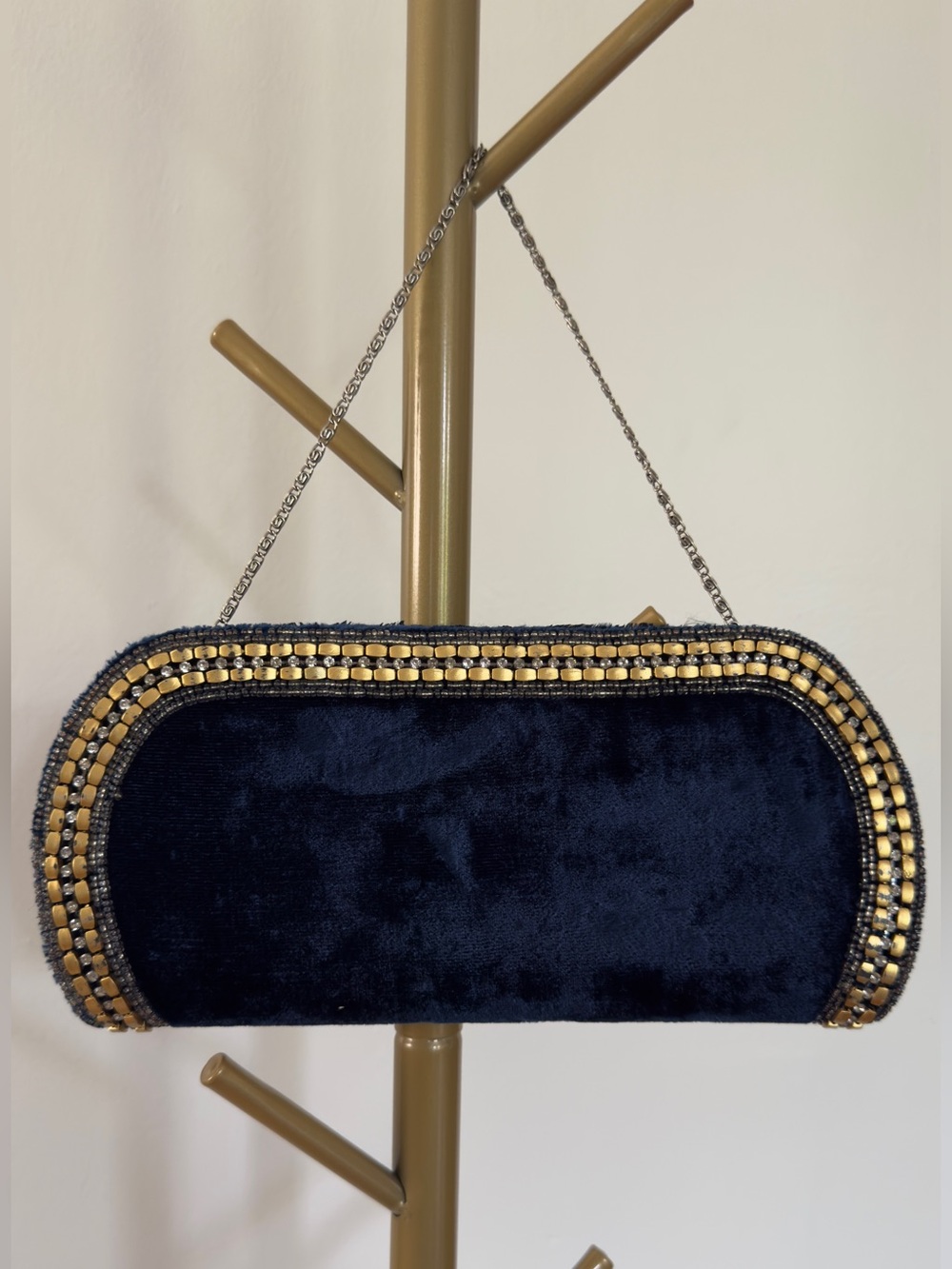 Velvet Navy Evening Clutch with rhinestone and gold Trim
